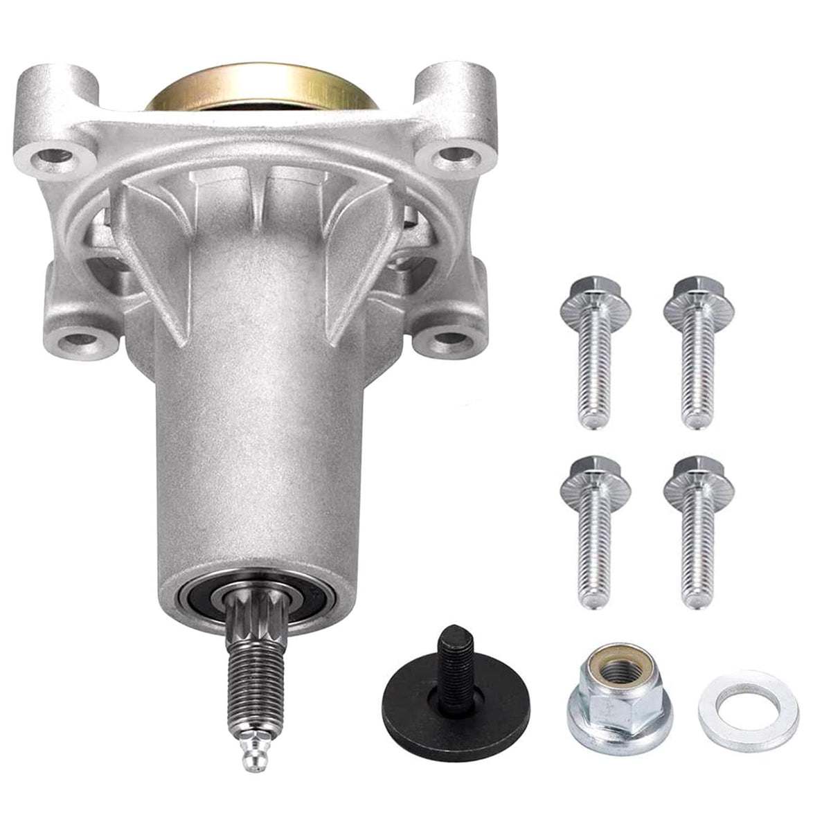 Replacement mower deck spindle assembly with four mounting bolts blade bolt nut and washer on white background