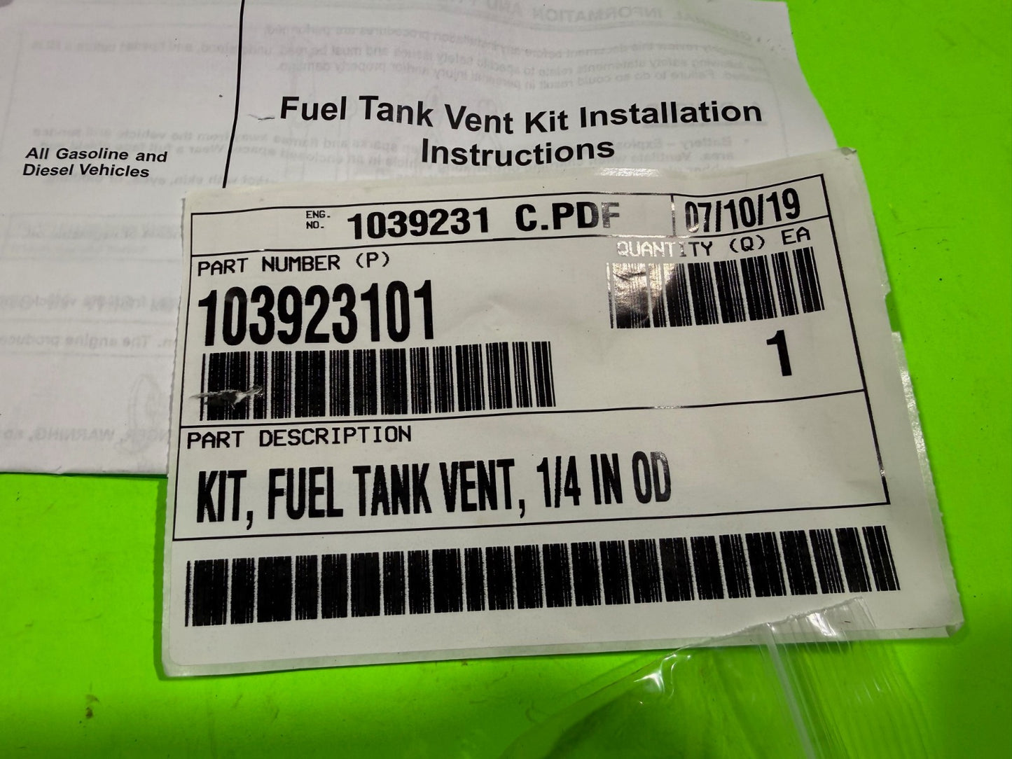 Genuine Club Car Fuel Tank Vent Kit 103923101 1/4" OD1