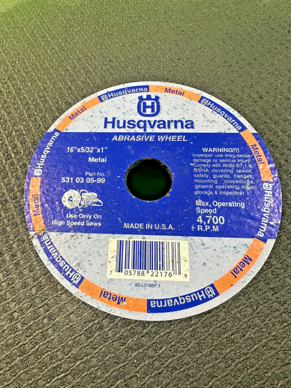 NEW Husqvarna Abrasive Wheel 531030599 16" x 5" x 1" Metal1