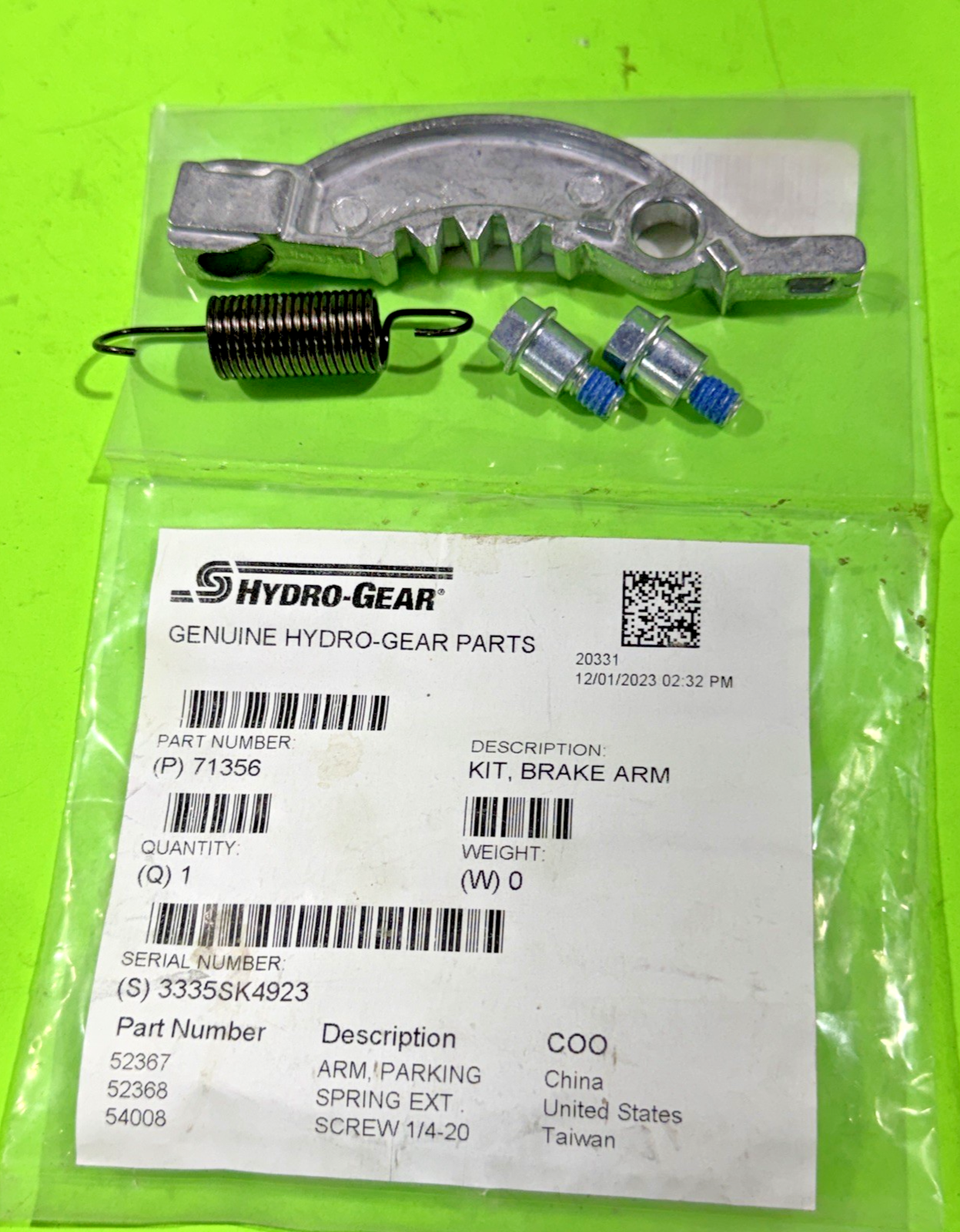 NEW GENUINE OEM HYDRO GEAR 71356 PARKING BRAKE ARM KIT RZT ZT EZT TRANSAXLE0