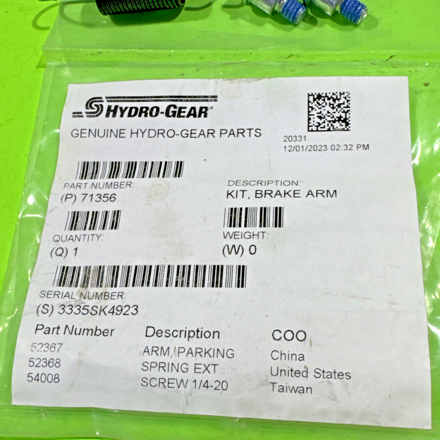 NEW GENUINE OEM HYDRO GEAR 71356 PARKING BRAKE ARM KIT RZT ZT EZT TRANSAXLE2