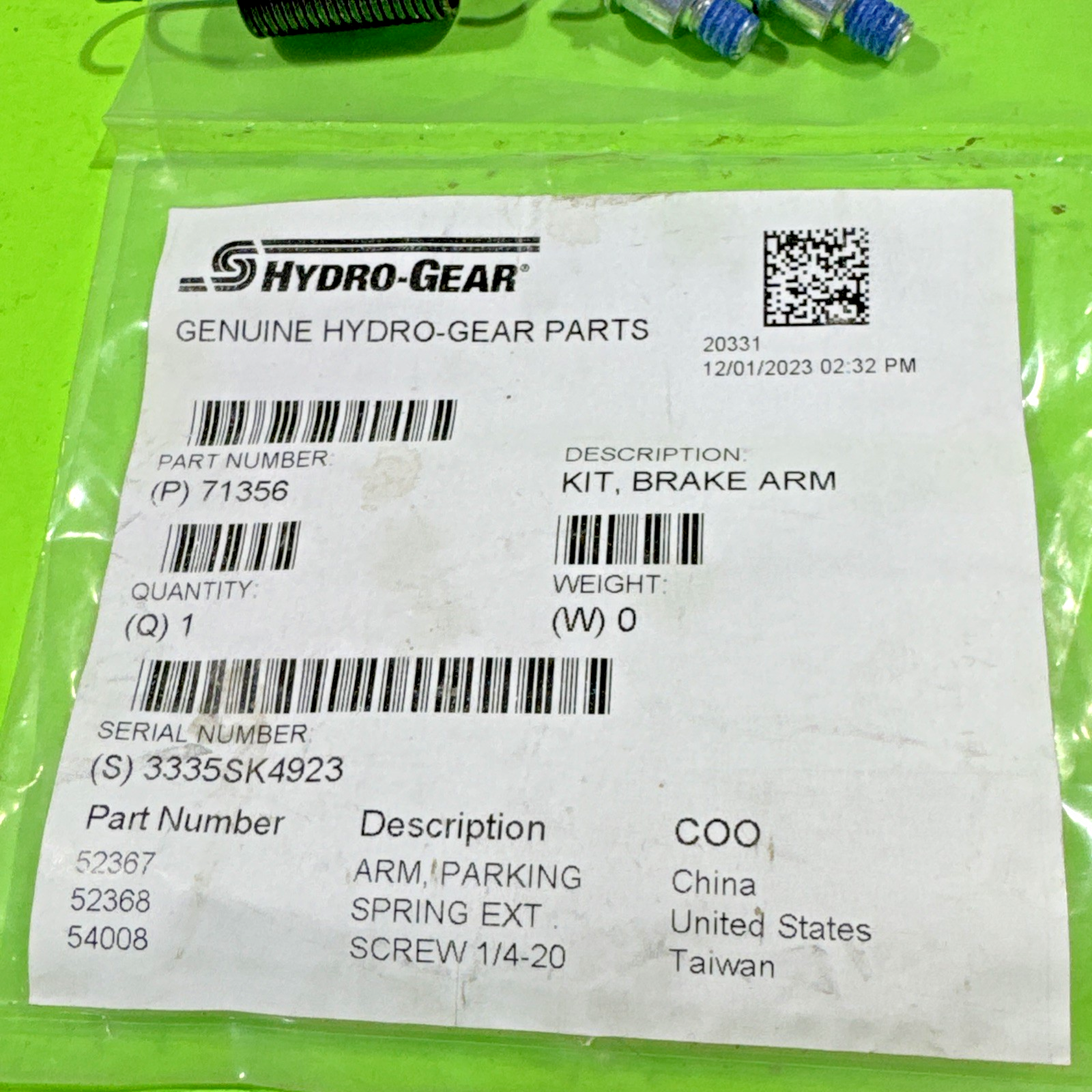 NEW GENUINE OEM HYDRO GEAR 71356 PARKING BRAKE ARM KIT RZT ZT EZT TRANSAXLE2
