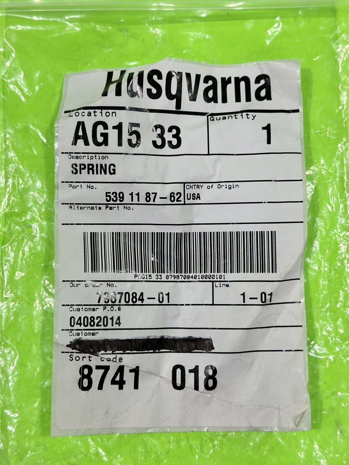 NEW OEM Husqvarna 596482001 Deck Spring Repl 539118762 Fits RZ5424 RZ54265